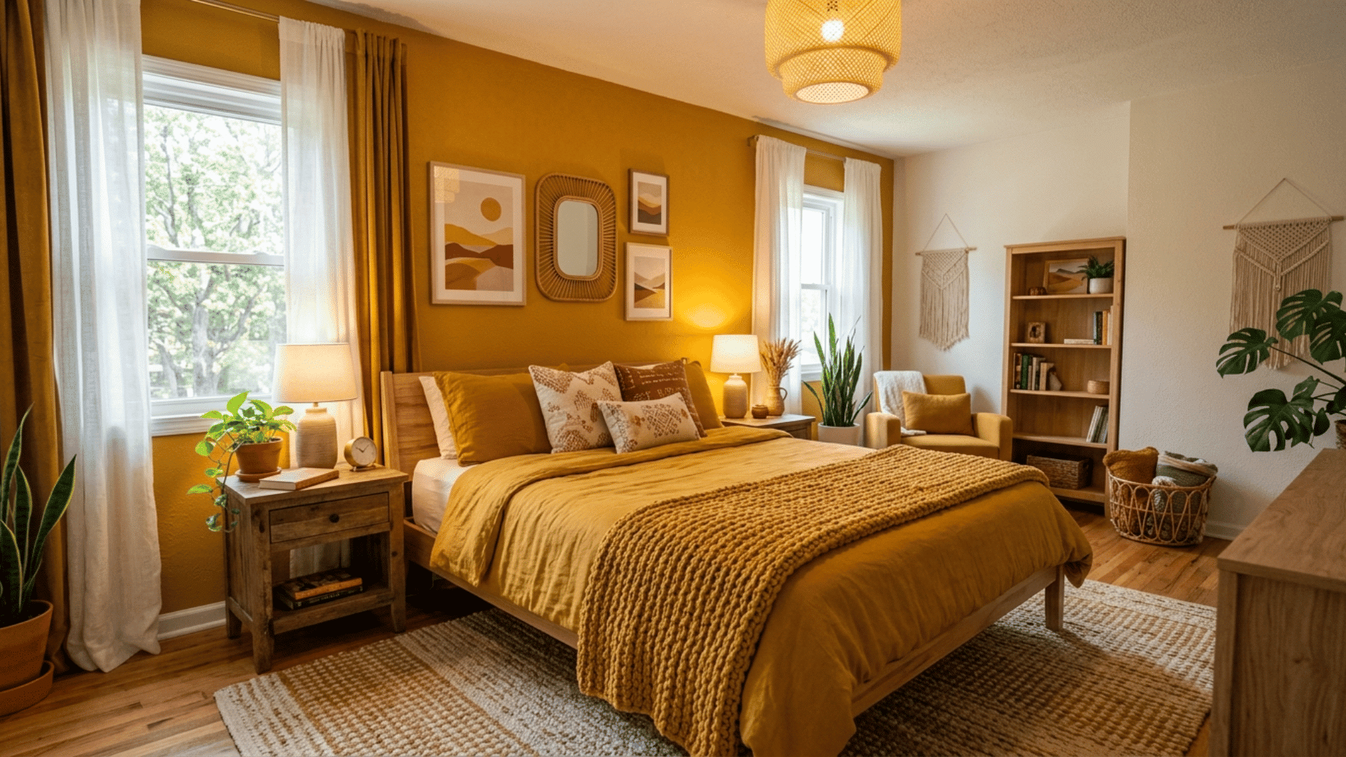 cheerful yellow bedroom with warm tones, wooden furniture, plants, and bright daylight enhancing a lively cozy atmosphere