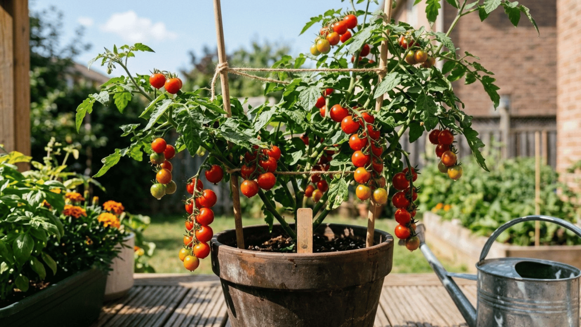 cherry tomato plant growing in a pot with ripe red tomatoes and garden support sticks.