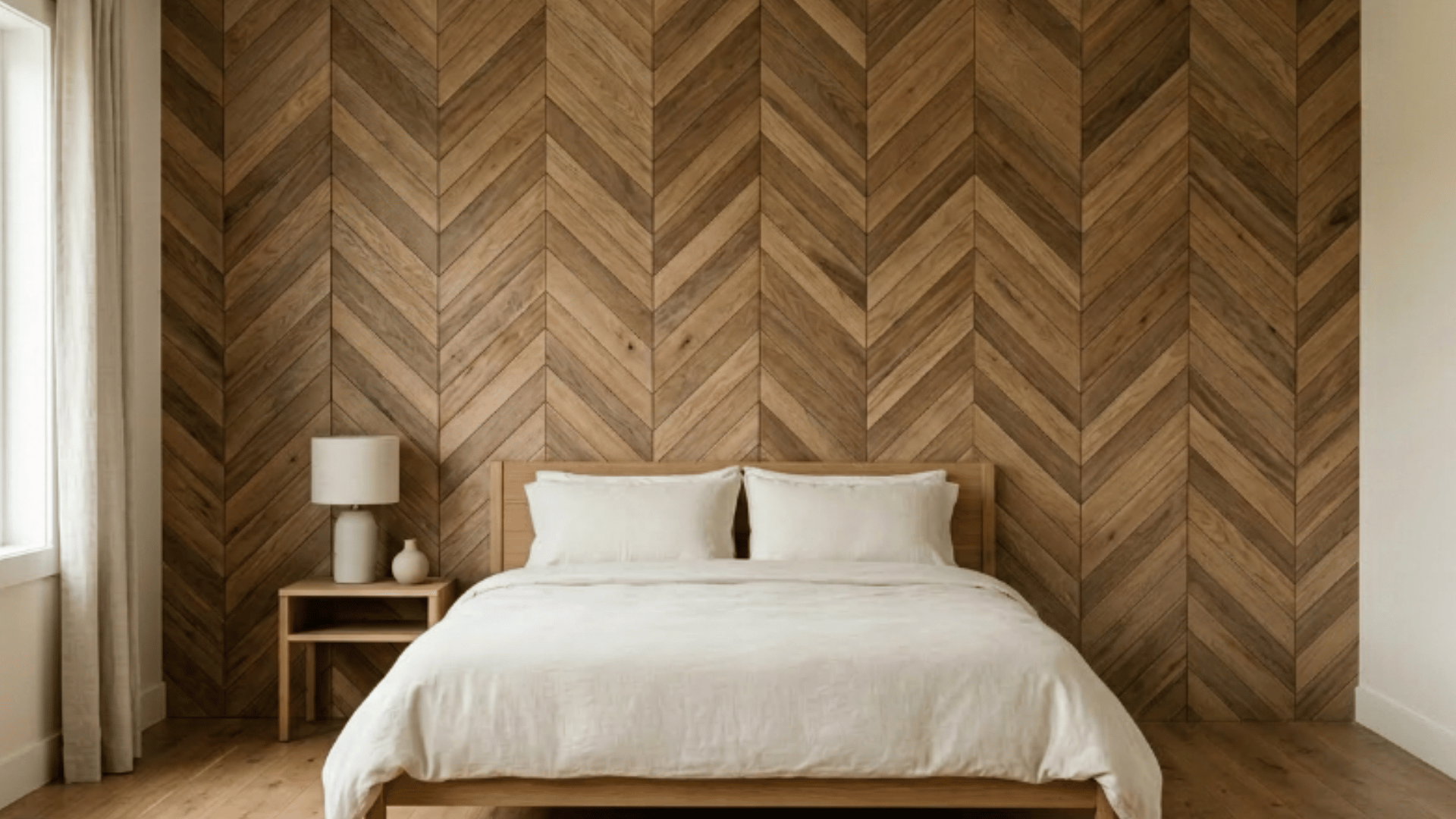 chevron wood pattern adding movement and depth to a natural toned bedroom wall