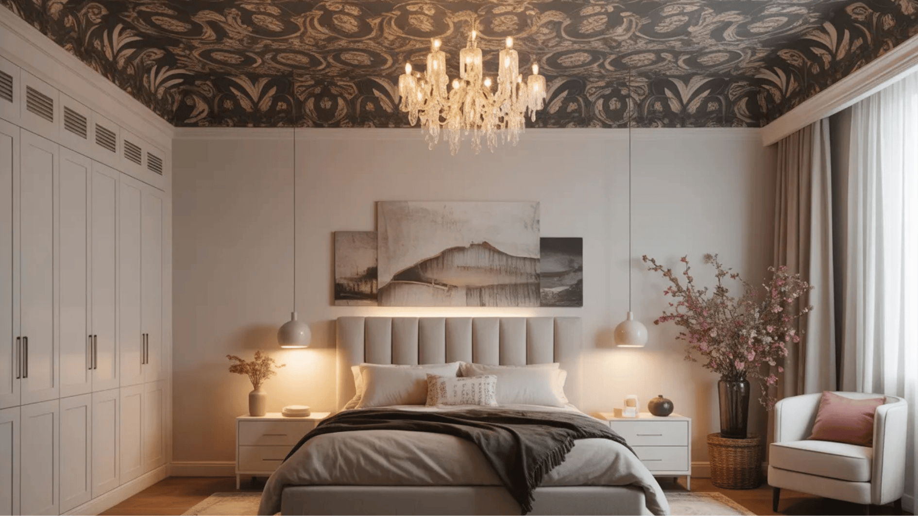 chic bedroom with statement patterned ceiling, chandelier lighting, soft neutral bedding, and floral accents for a luxurious feel