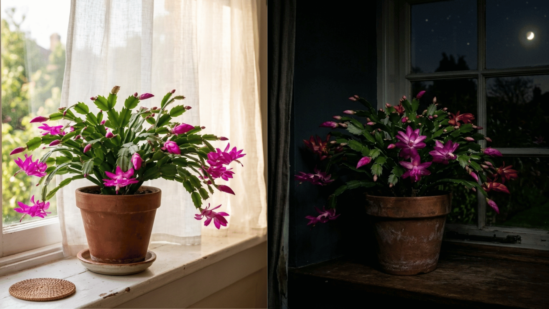 christmas cactus light vs darkness setup showing indirect sunlight daytime and complete darkness at night for blooming