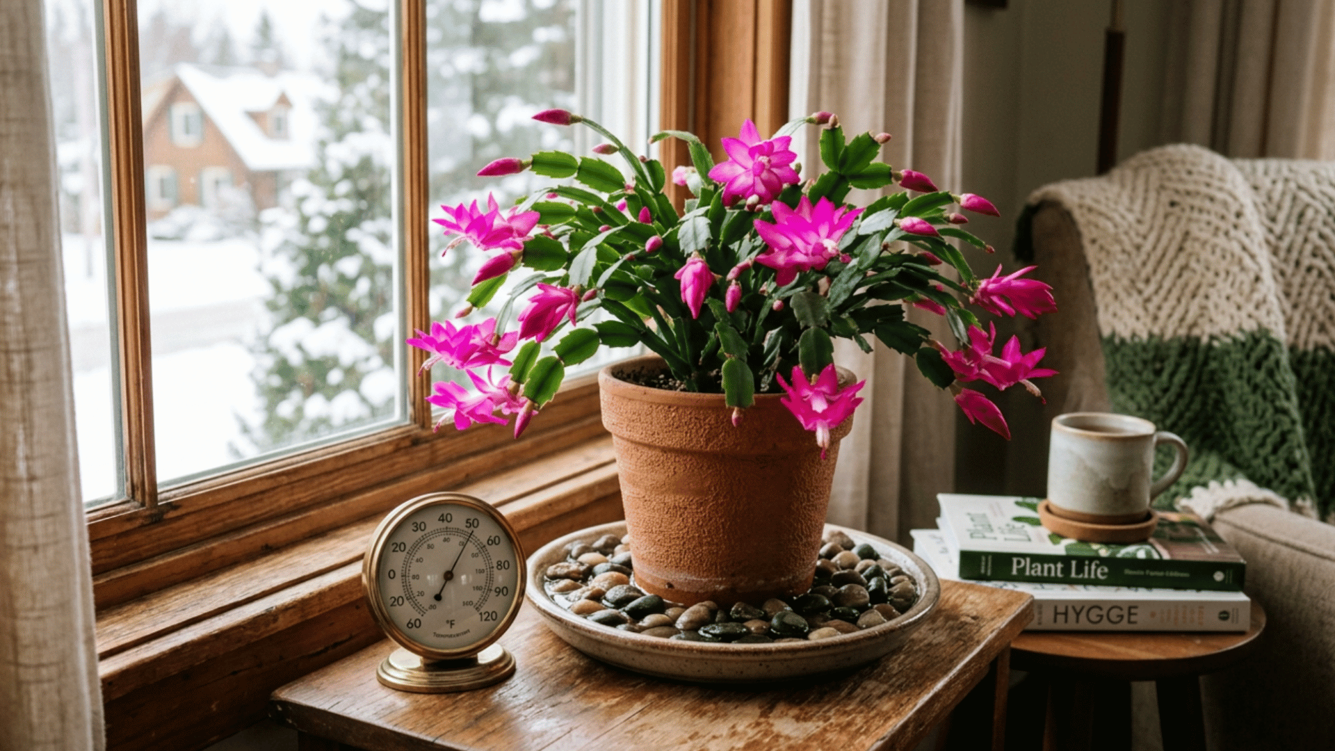 christmas cactus on pebble tray with water for humidity near window in cozy indoor environment