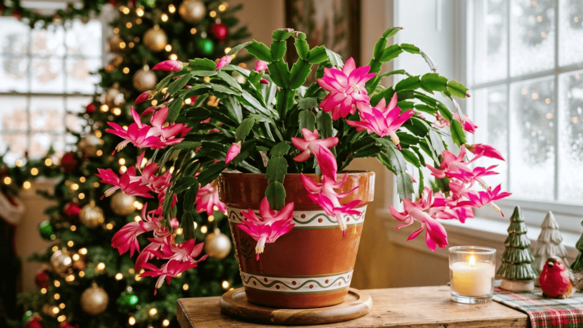 christmas cactus with pink flowers in a pot placed indoors near a decorated Christmas tree