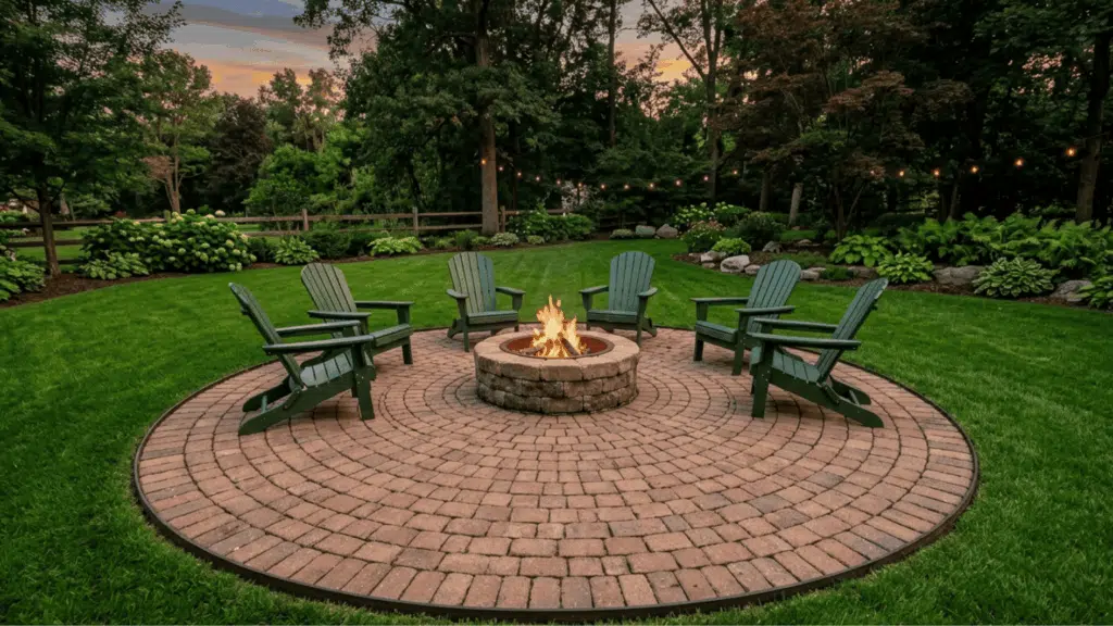 circular patio fire pit with Adirondack chairs brick paver patio landscaped backyard evening ambiance string lights