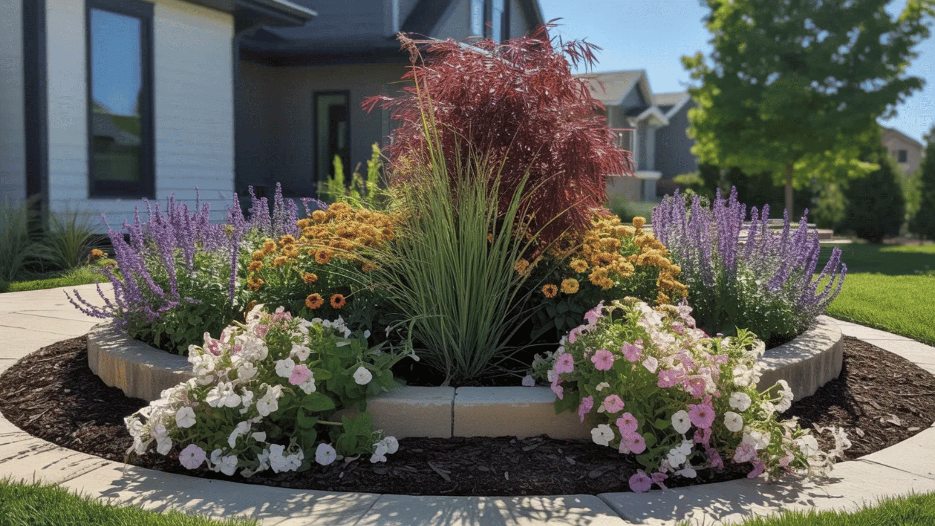 circular raised flower bed with mixed blooms and grasses creating a focal point in a neatly landscaped suburban yard
