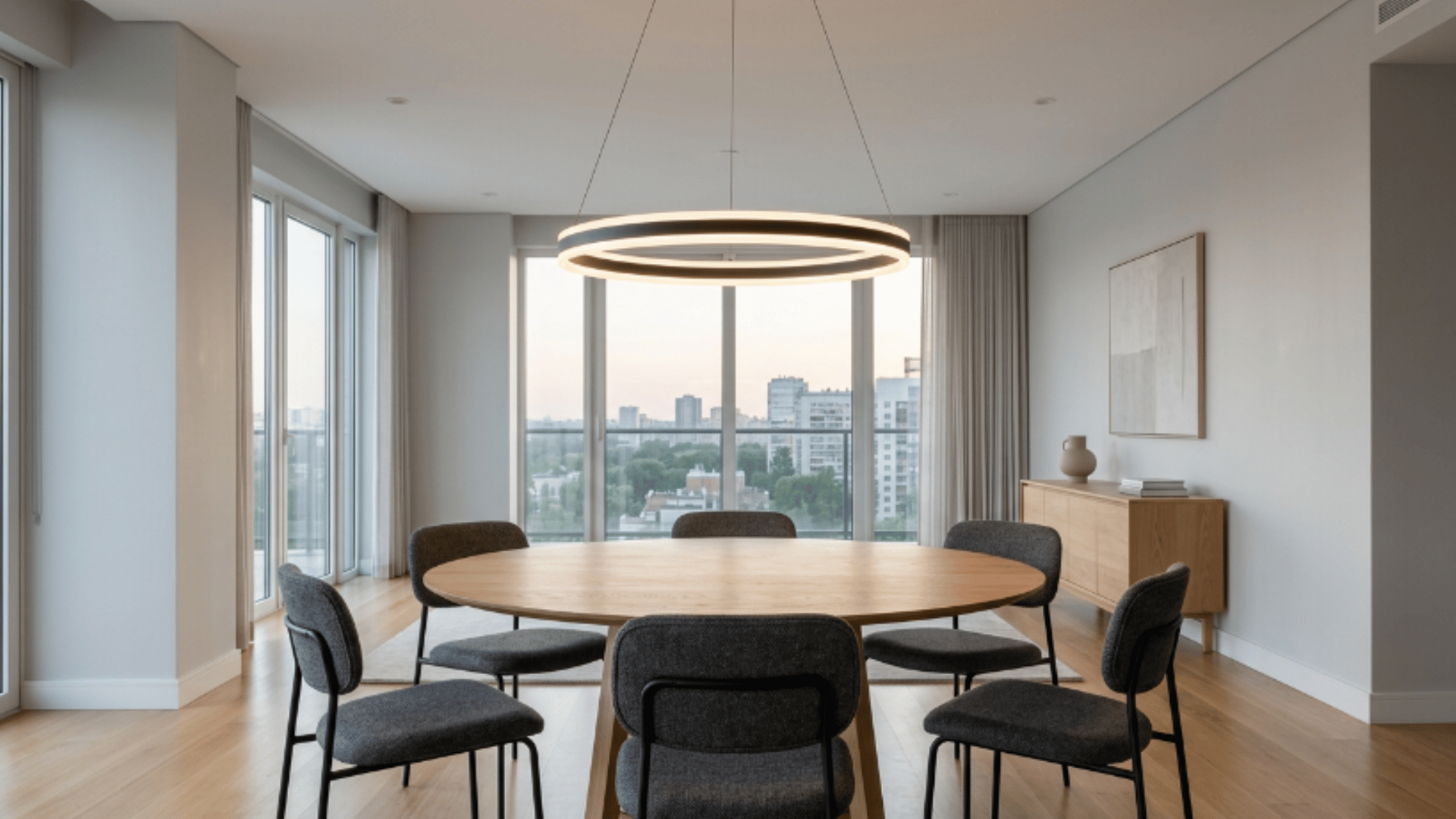 circular ring light fixture above empty dining table in a modern dining room setup