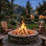 classic backyard fire pit stone ring adirondack chairs cozy evening garden string lights