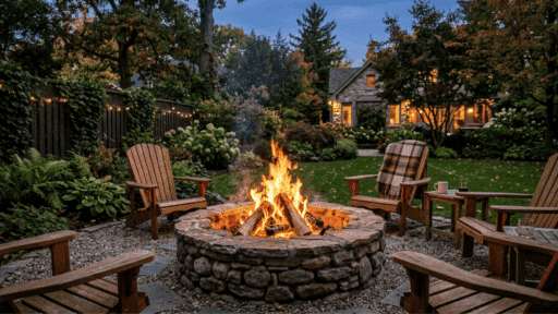 classic backyard fire pit stone ring adirondack chairs cozy evening garden string lights