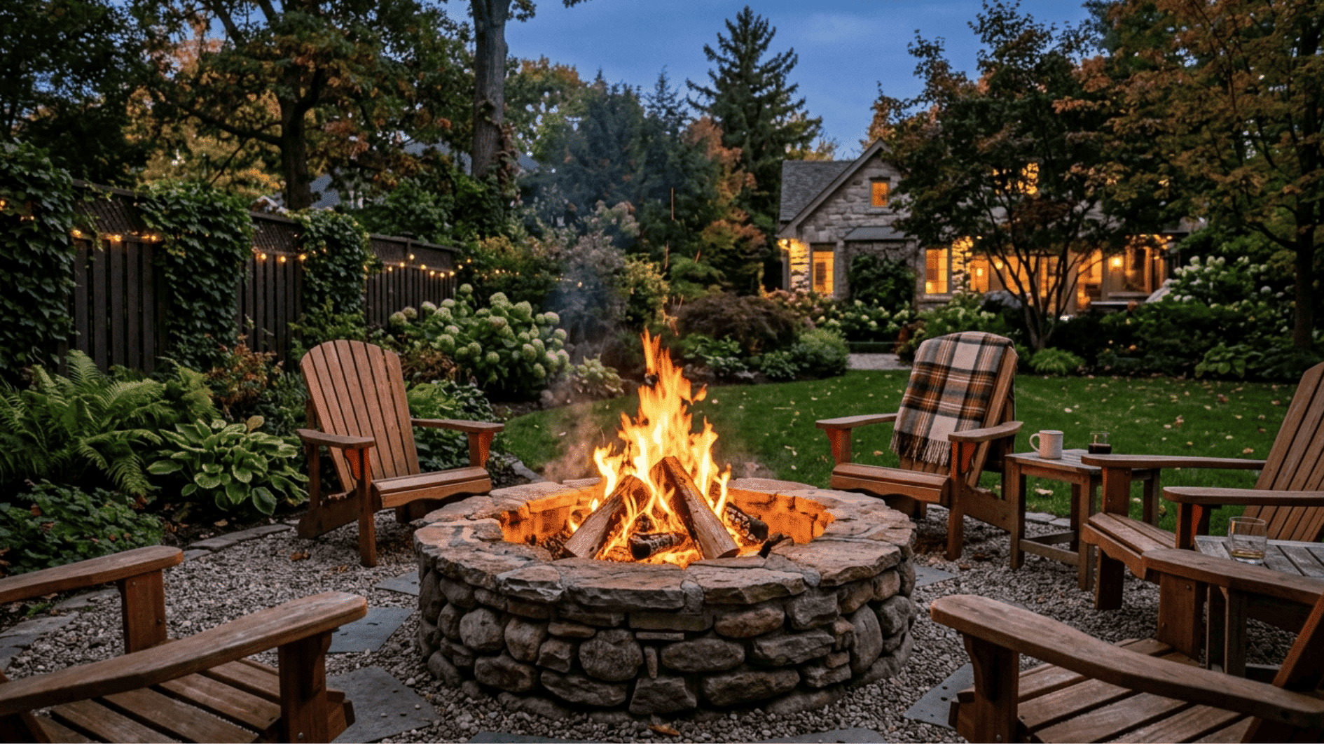 classic backyard fire pit stone ring adirondack chairs cozy evening garden string lights