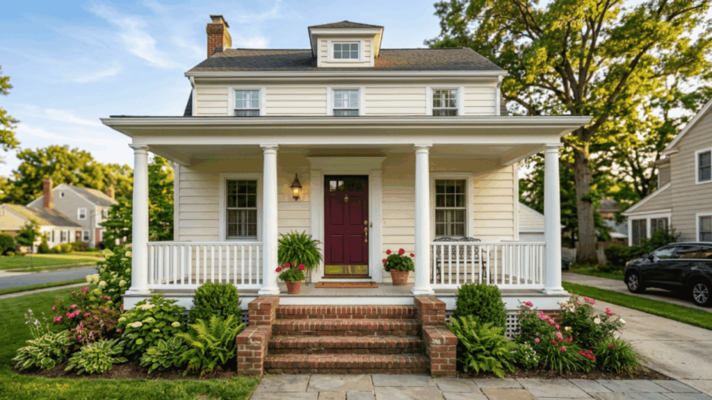 classic home with creamy exterior burgundy front door white porch columns brick steps flower pots afternoon sunlight
