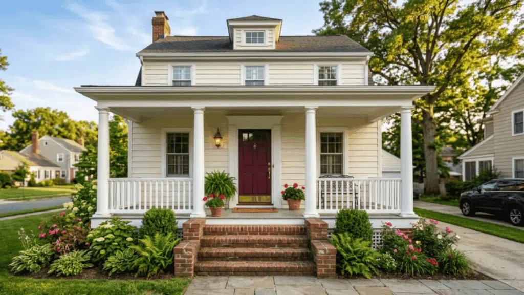 classic home with creamy exterior burgundy front door white porch columns brick steps flower pots afternoon sunlight