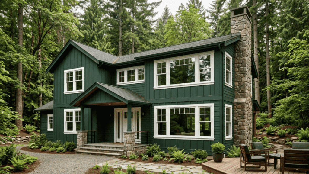 classic modern house with forest green siding white window trim stone chimney pine trees misty morning forest setting