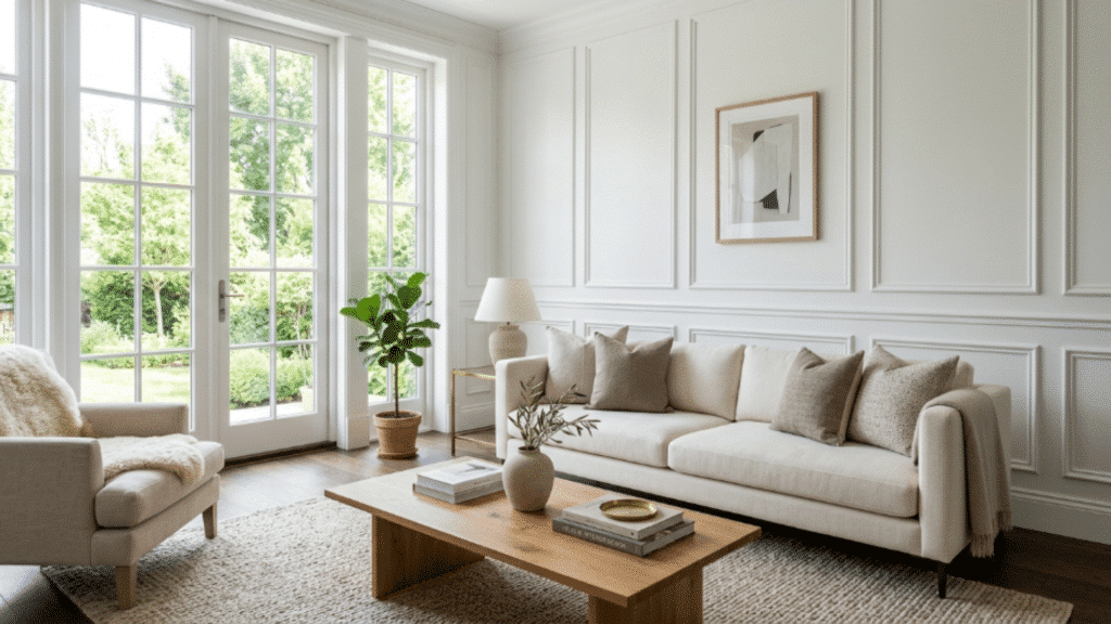 classic wall panel molding paired with a modern sofa creates balance between traditional detail and clean contemporary comfort in the living room