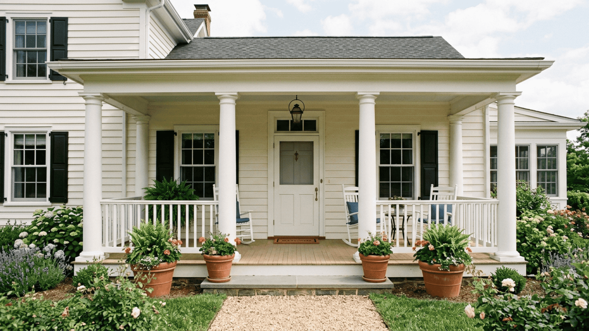classic white columns framing a farmhouse front porch entry with white railings and matching planters at base