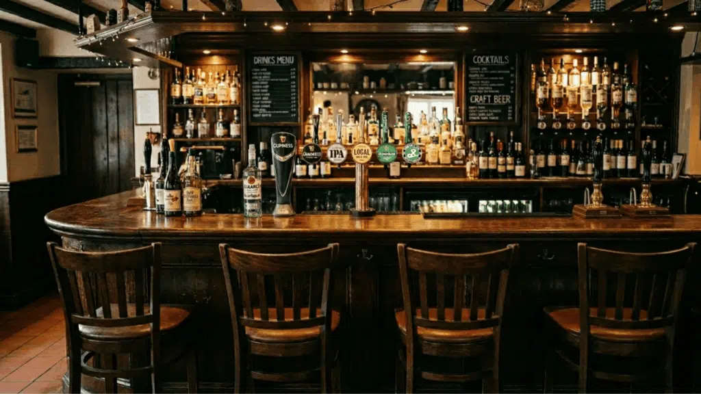 classic wooden bar with stools, liquor shelves, and warm lighting in a cozy pub setting.