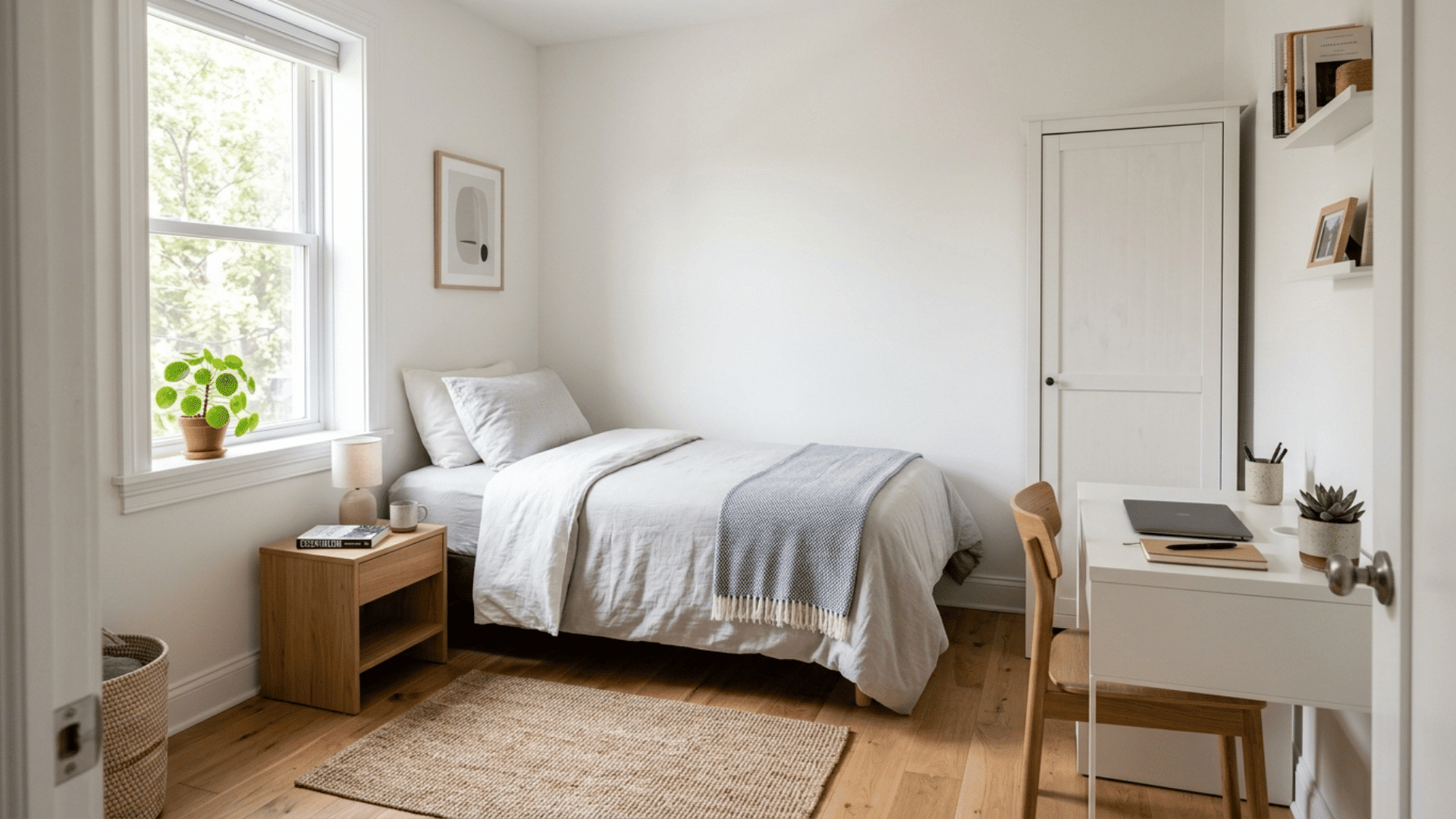 clean bedroom with minimal clutter, organized space, neutral tones and bright natural light