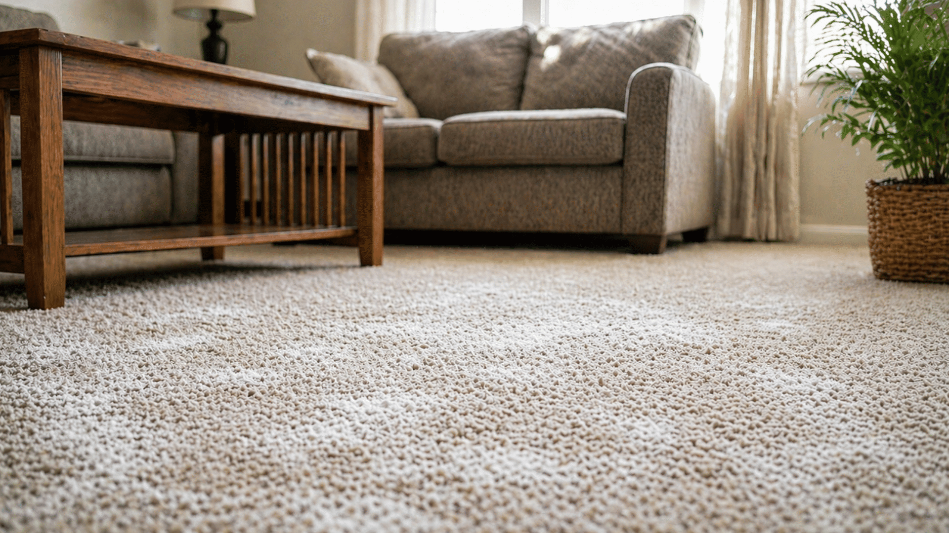 clean carpet in cozy living room after thorough vacuuming and baking soda cleaning.