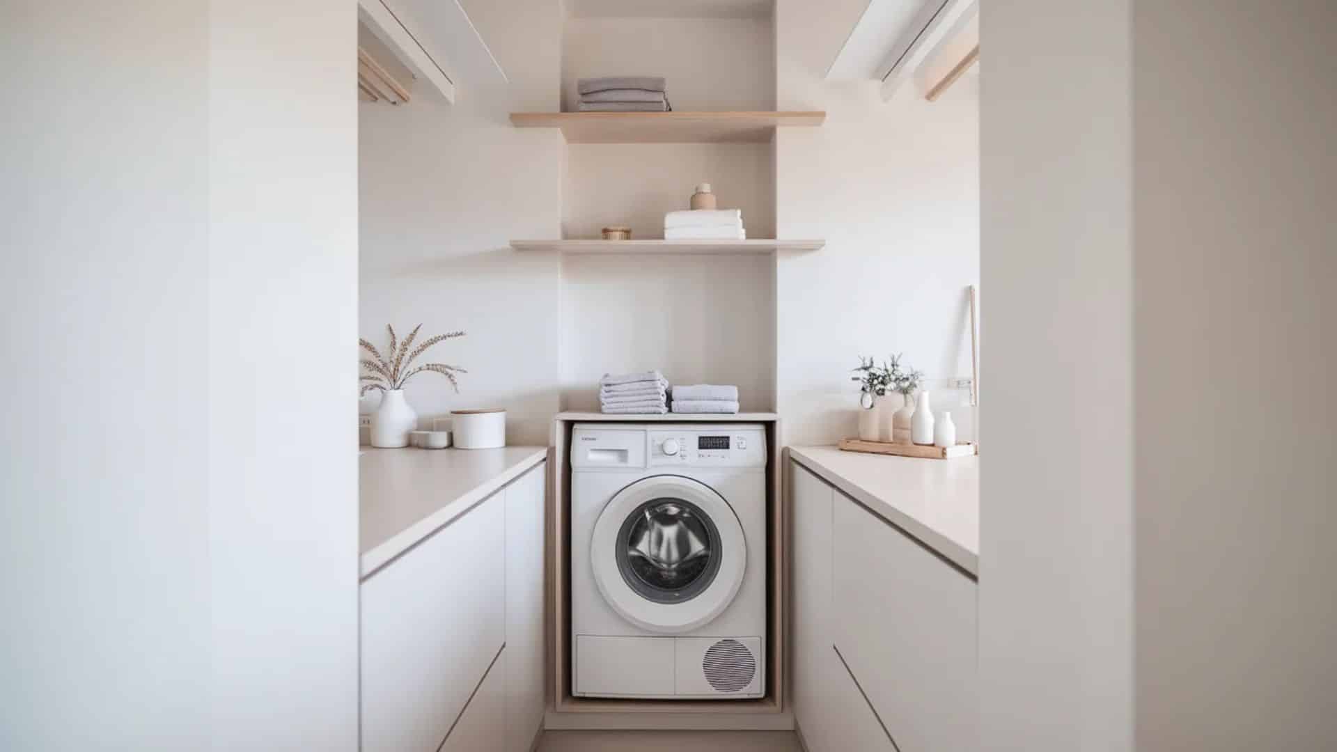 clean corner laundry with front-load washing machine, light neutral tones, floating wooden shelves, minimal decor, and a bright uncluttered modern design (1)