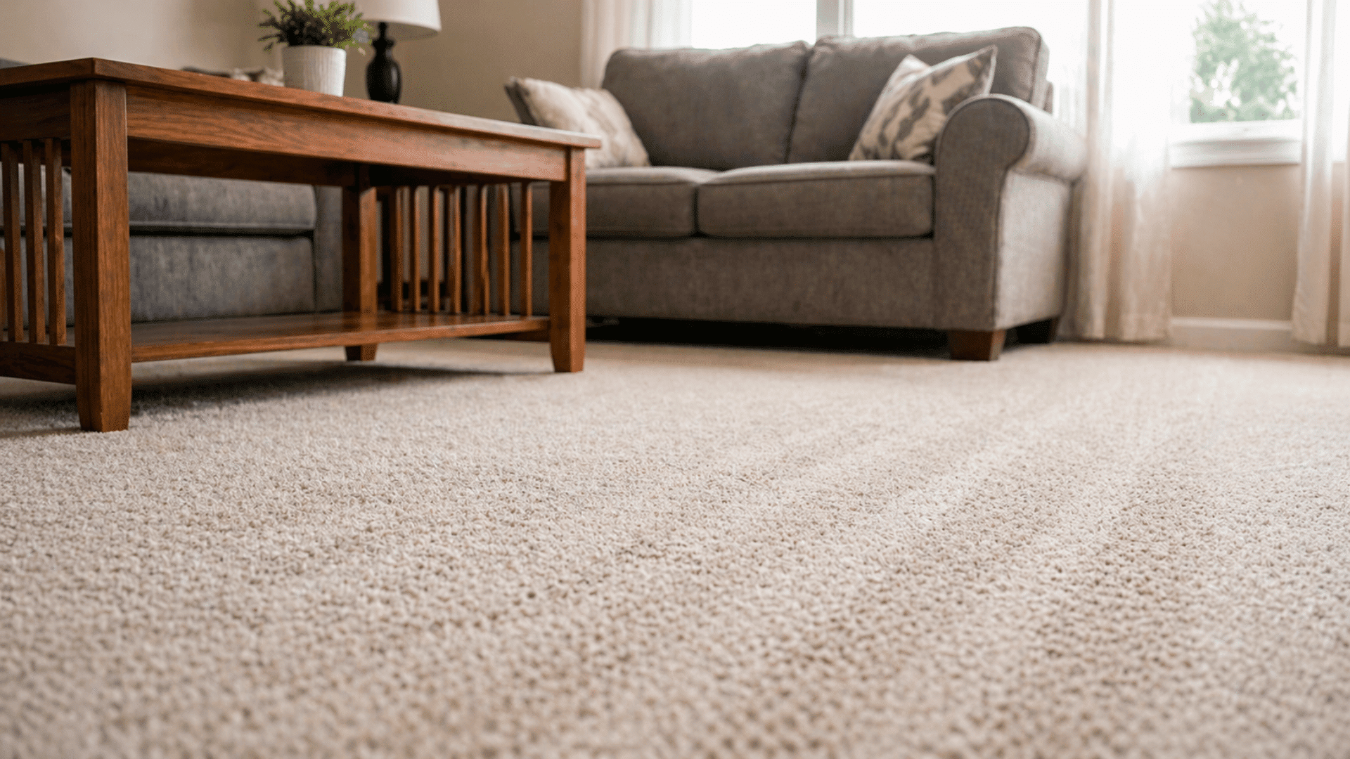 Clean, freshly vacuumed beige carpet in a bright living room with wooden coffee table, gray sofa, and soft natural daylight