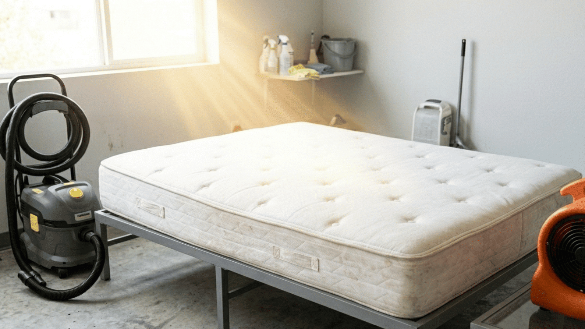 clean mattress drying near window with vacuum and air blower in room.