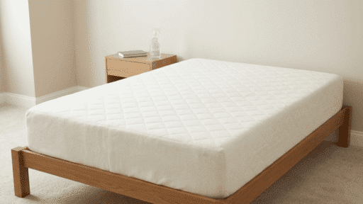 clean mattress placed on a wooden bed frame in a simple bedroom setting.