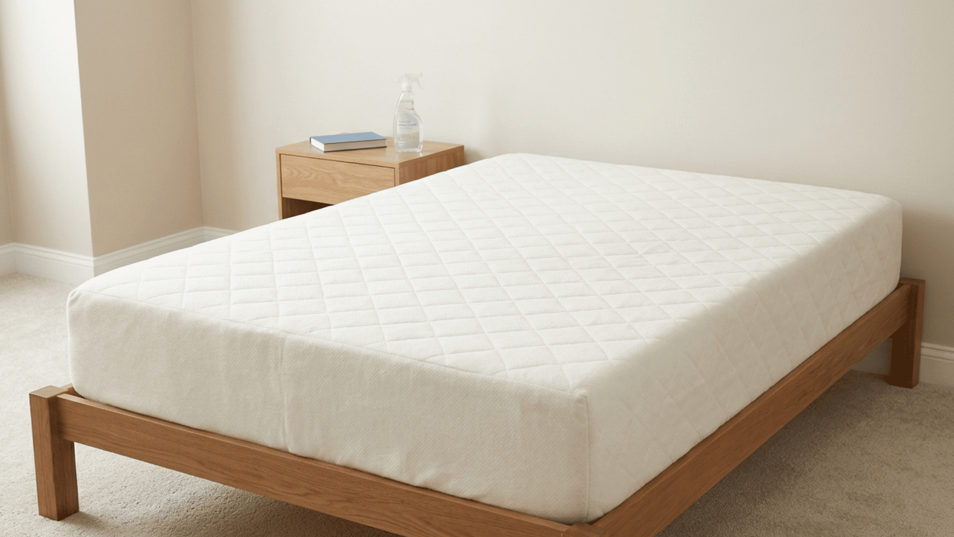 clean mattress placed on a wooden bed frame in a simple bedroom setting.