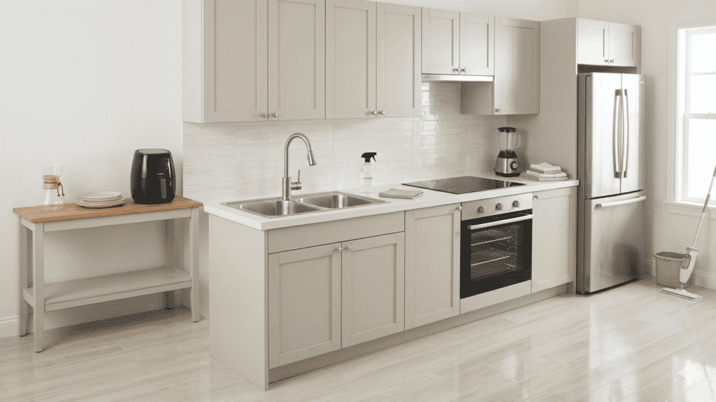 clean, modern kitchen with clear countertops, organized cabinets, and spotless surfaces after decluttering