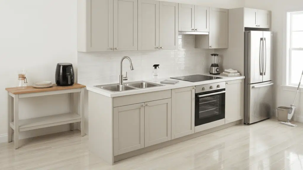 clean, modern kitchen with clear countertops, organized cabinets, and spotless surfaces after decluttering