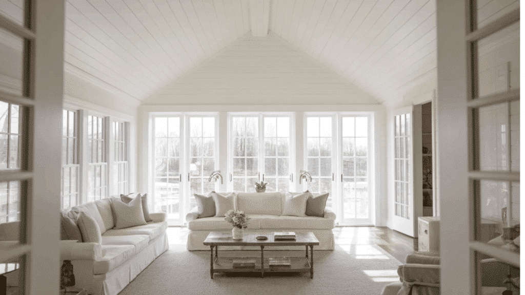 clean white horizontal shiplap brightens the room, reflects light well, and adds subtle texture while keeping the ceiling airy.