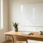 clean whiteboard mounted on wall above wooden desk with notebook, coffee mug, and indoor plants in a bright workspace