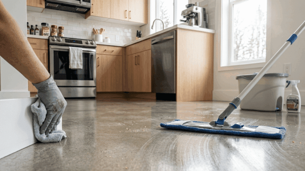 cleaning and moping the surface of kitchen