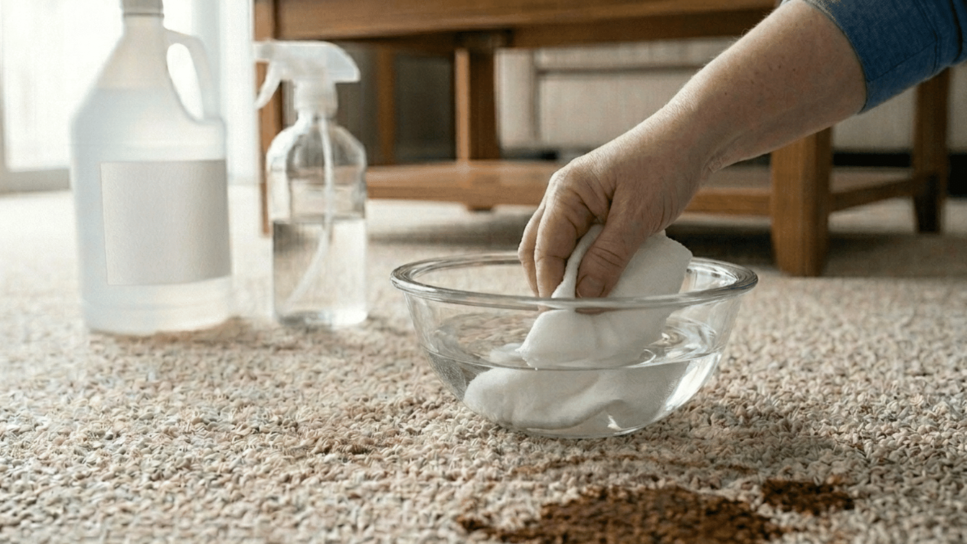 cleaning cloth being dipped in solution to remove coffee stain from carpet.