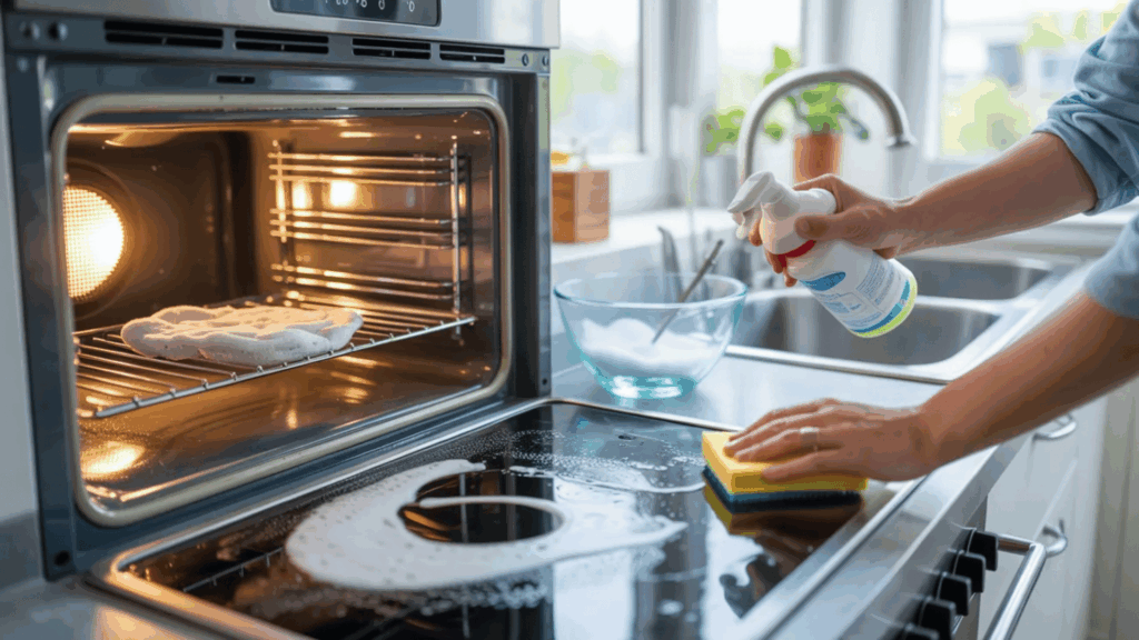 cleaning oven interior and scrubbing stovetop with spray cleaner during kitchen deep cleaning