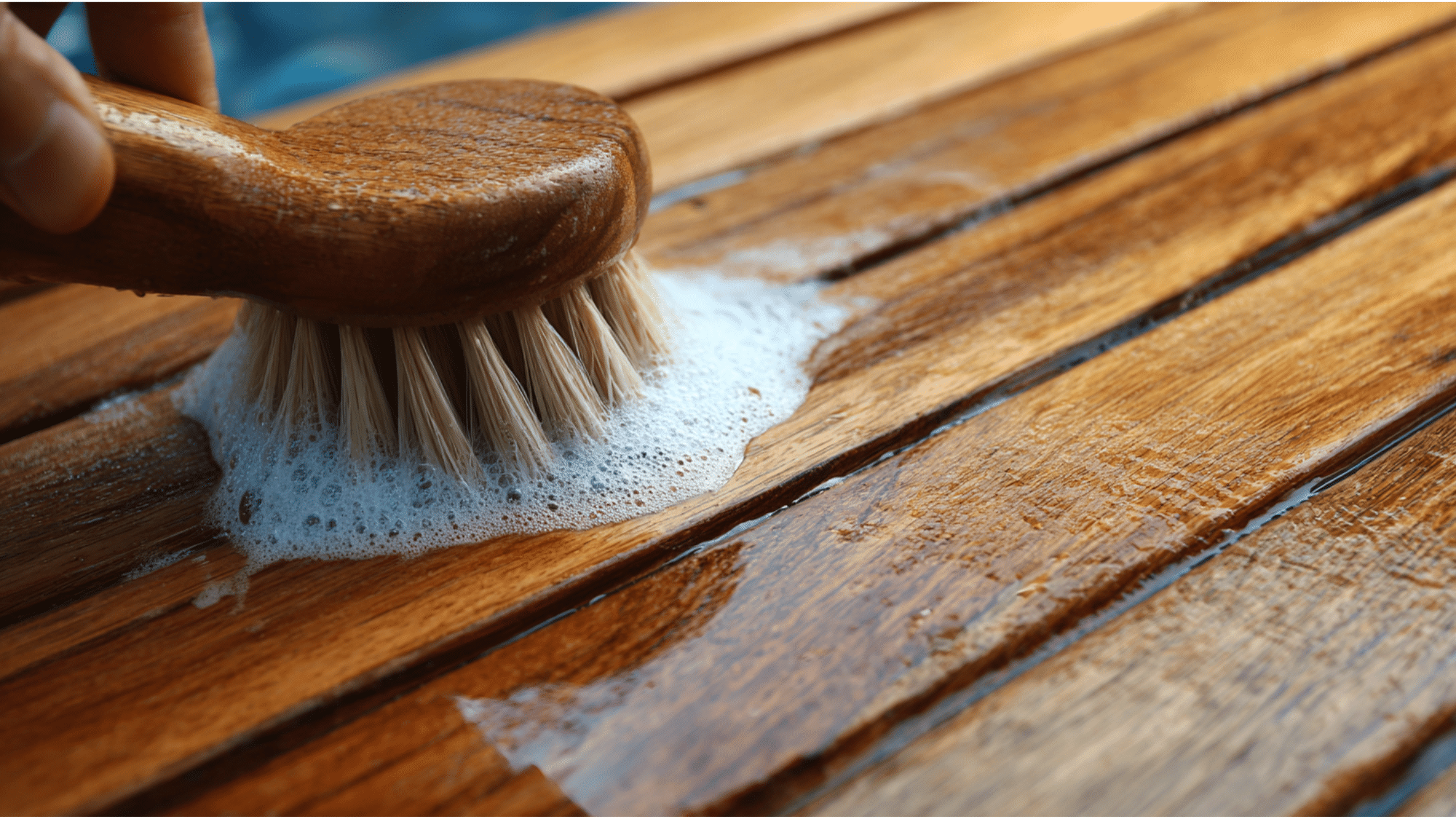 cleaning teak wood along the grain to prevent scratches and maintain texture (1)