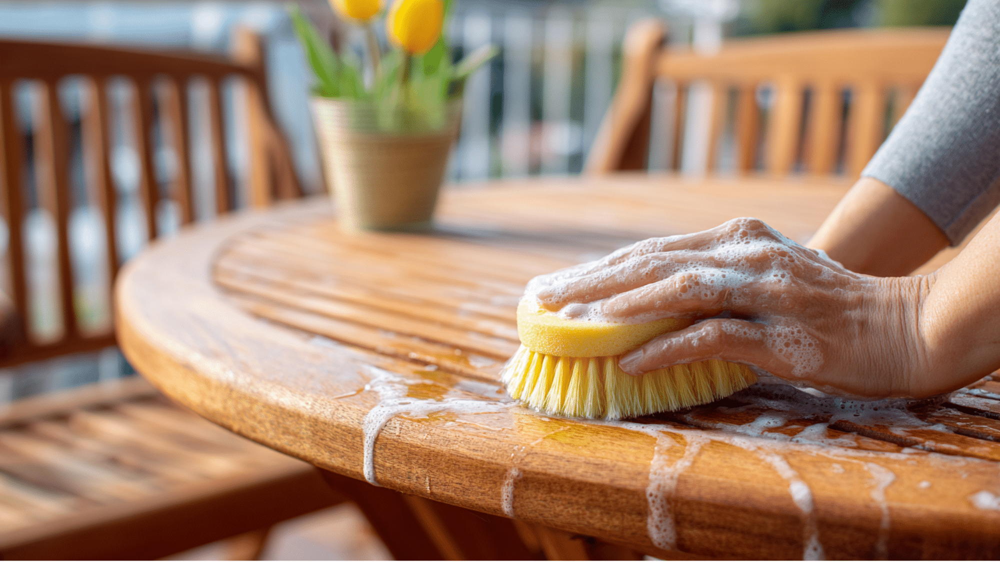 cleaning teak wood along the grain to prevent scratches and maintain texture