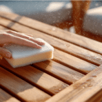 cleaning teak wood furniture at home with sponge and gentle care in natural sunlight