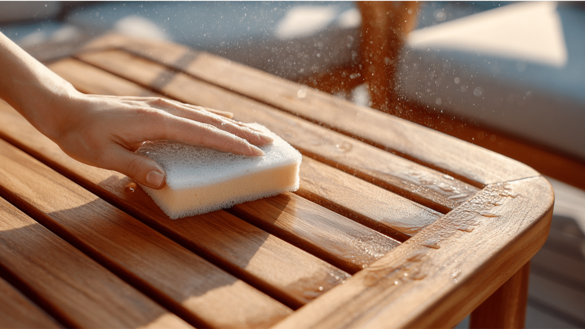 cleaning teak wood furniture at home with sponge and gentle care in natural sunlight
