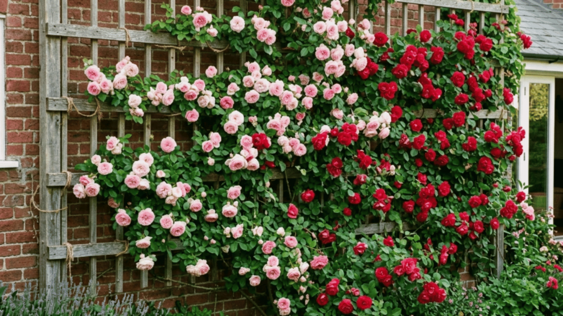 climbing roses in pink and red spread across a wooden trellis against a brick wall, forming a vibrant, densely flowered garden feature.