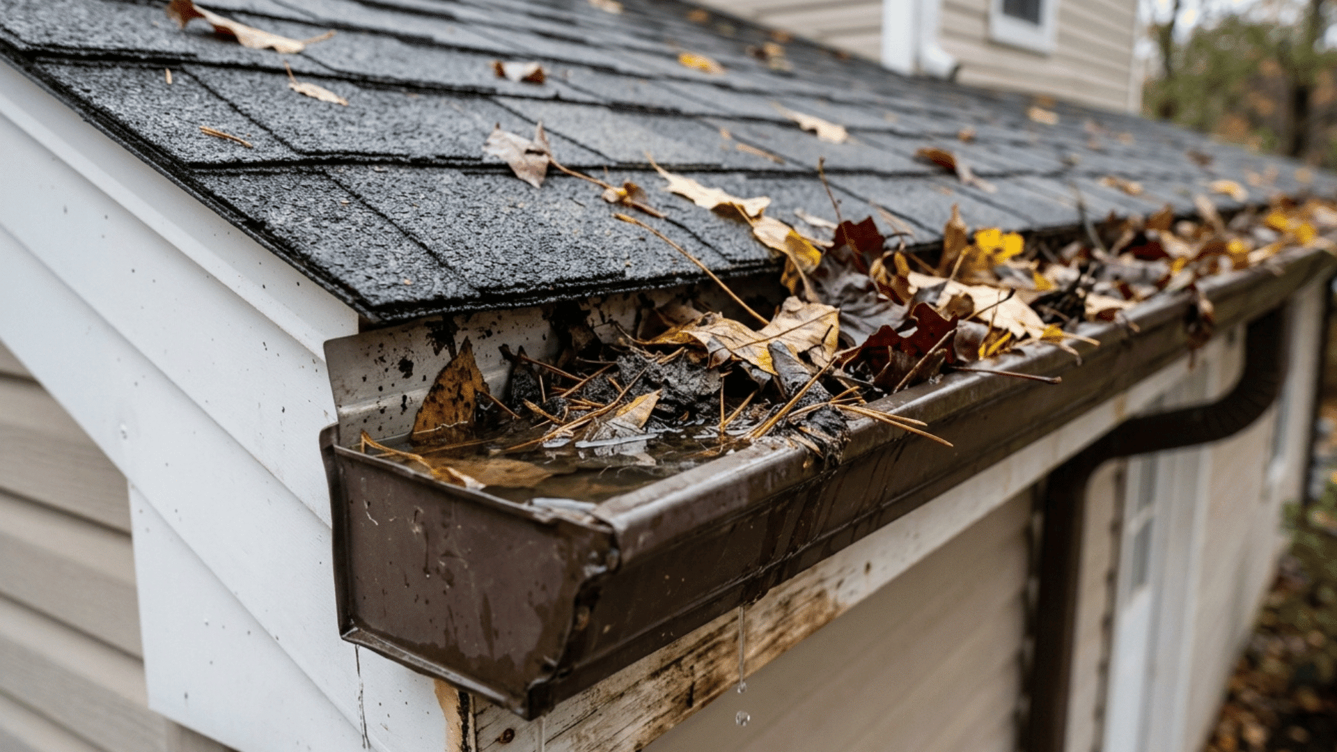 clogged gutter filled with leaves and debris causing water overflow and roof damage.