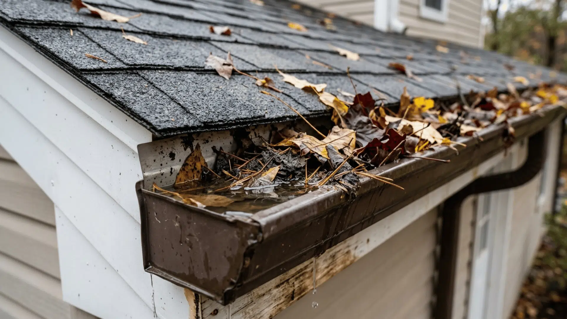 clogged gutter filled with leaves and debris causing water overflow and roof damage.