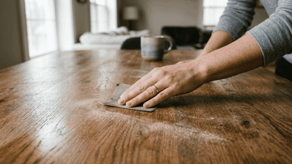 close up of a hand wiping a wooden table surface clean to prepare it for sanding and painting in a diy setup