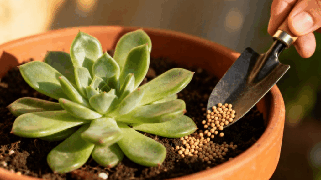 close-up of a succulent plant in soil as fertilizer pellets are added with a small garden tool during plant care routine