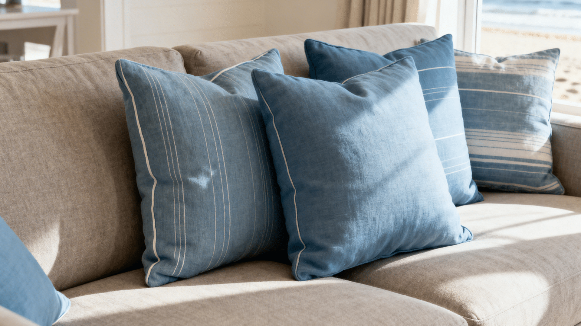 close up of beige sofa with soft blue cushions arranged neatly in bright natural light near window