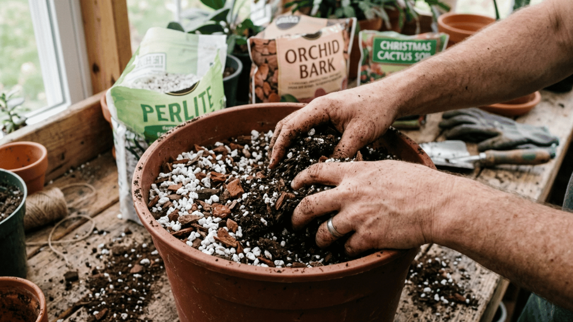 close up of christmas cactus soil mix with perlite orchid bark and potting soil for proper drainage