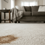 close-up of dried stain on carpet in living room area.