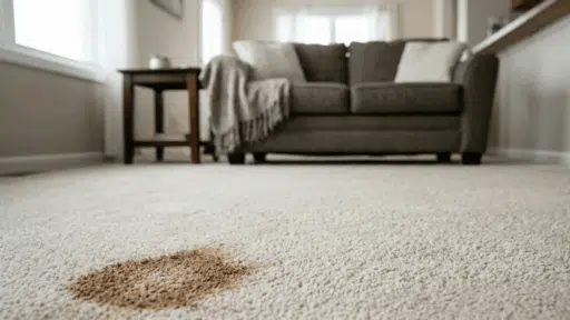 close-up of dried stain on carpet in living room area.