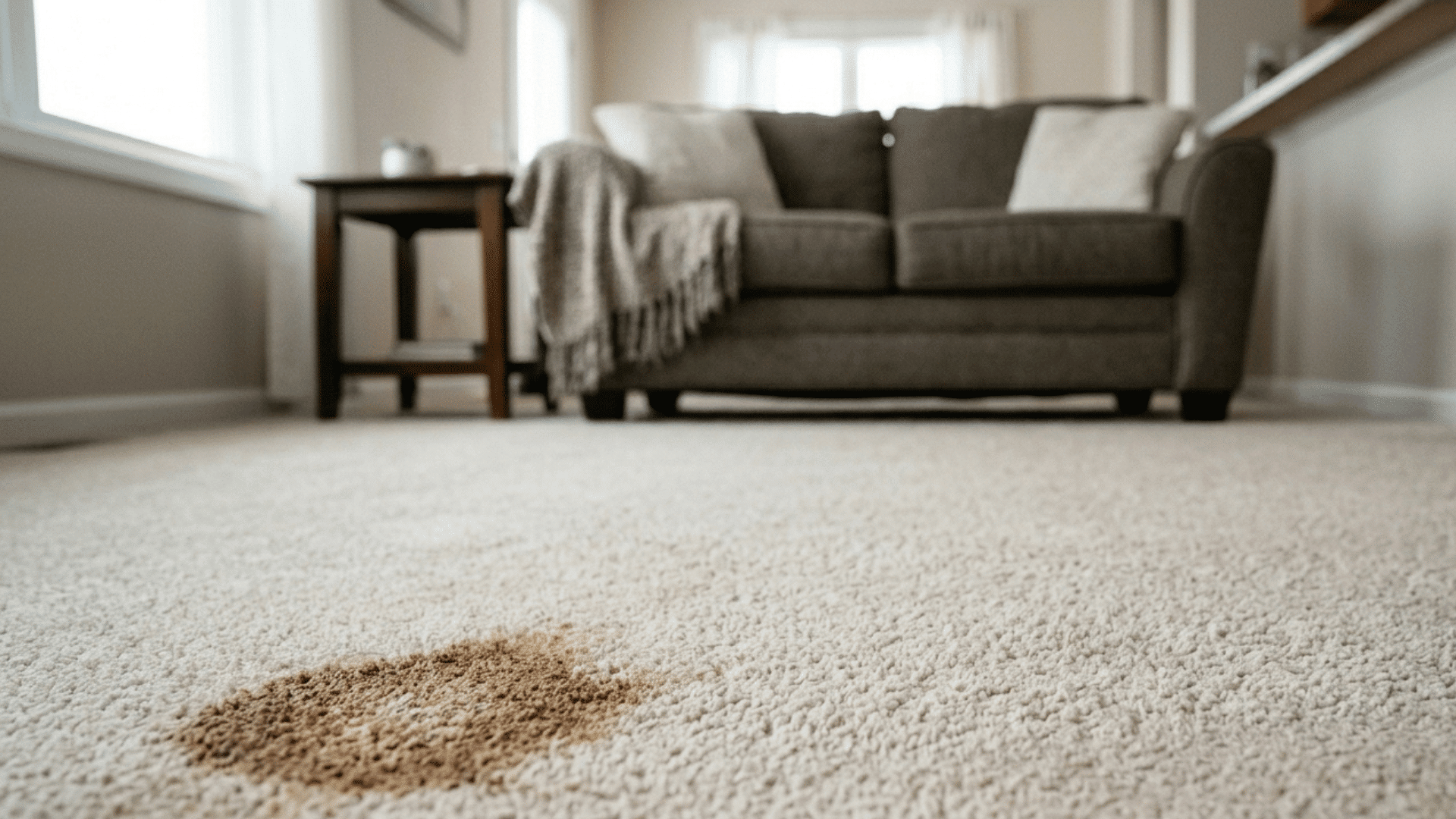 close-up of dried stain on carpet in living room area.