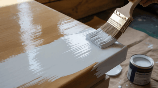 close-up of hand painting wooden surface with white paint using brush, showing DIY furniture refinishing process