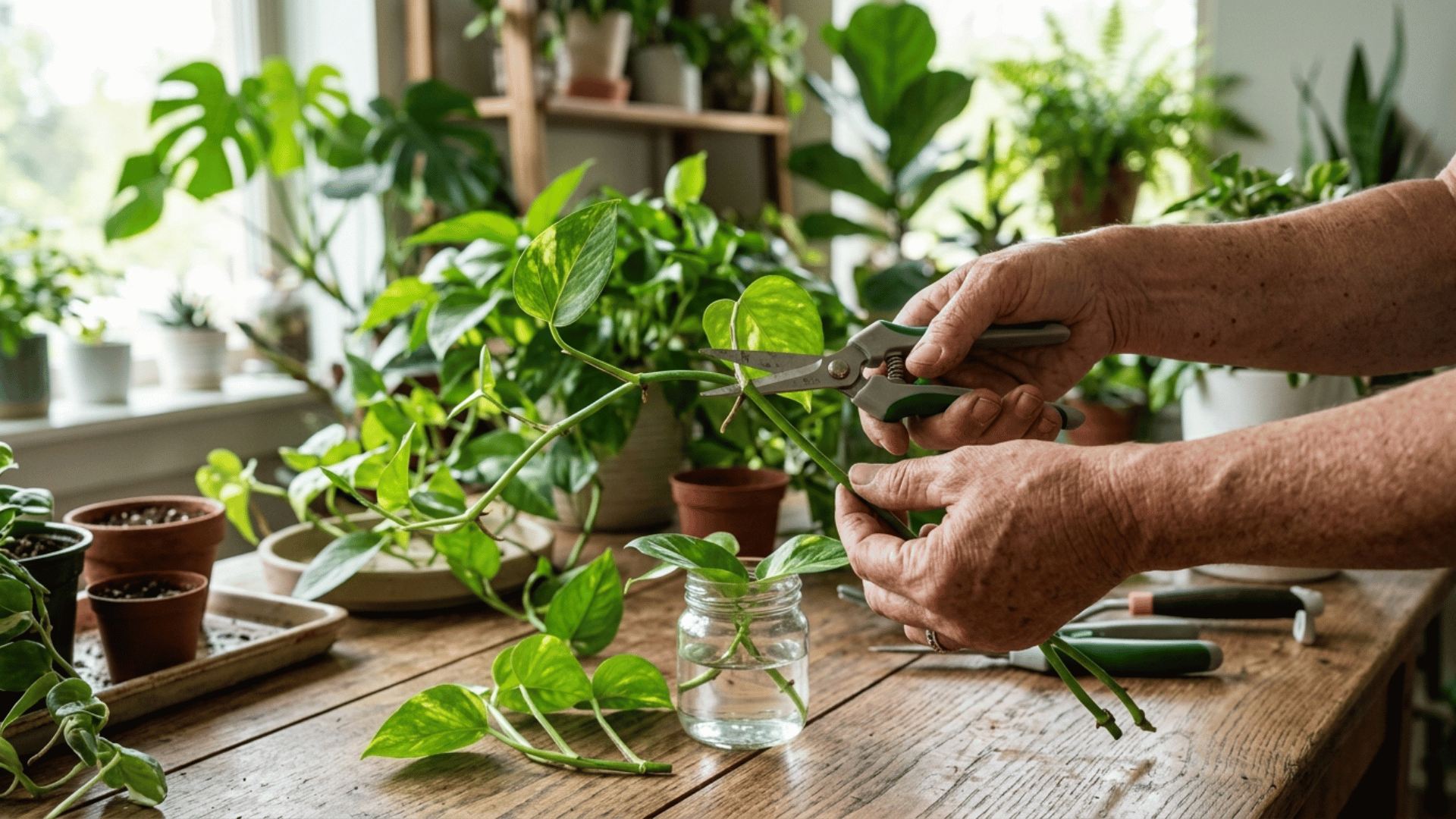close-up of hands cutting a pothos stem below a node using garden scissors, with tools and plants arranged on a wooden surface
