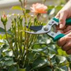 close-up of hands pruning a rose bush with shears in sunlight